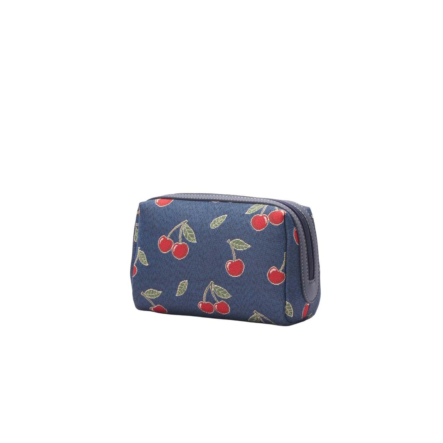 BEAUTY-CHERRY-BLUE | Toiletry Bag with Cherry Design in Blue Backdrop