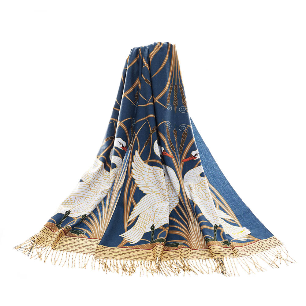 SC-PASH-ART-SWAN | Swan, Rush and Iris Art Pashmina