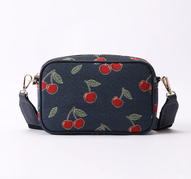 CAMERA-CHERRY-BLUE | Cherry Camera Crossbody Bag On Blue Backdrop