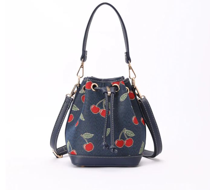 BUCK-CHERRY-BLUE | Cherry Denim Blue Bucket Handbag