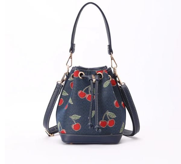 BUCK-CHERRY-BLUE | Cherry Denim Blue Bucket Handbag