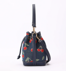 BUCK-CHERRY-BLUE | Cherry Denim Blue Bucket Handbag