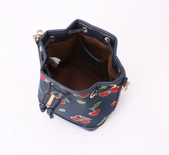 BUCK-CHERRY-BLUE | Cherry Denim Blue Bucket Handbag
