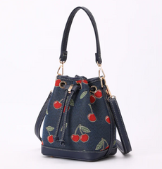 BUCK-CHERRY-BLUE | Cherry Denim Blue Bucket Handbag