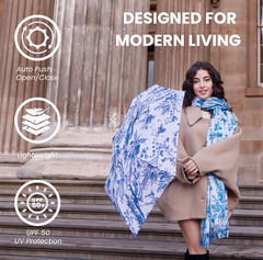 UM-AUTO-BM-CHINO | The British Museum Chinoiserie Blue and White Automatic Folding Umbrella