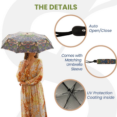 UM-AUTO-STBL | Strawberry Thief Blue William Morris Design Automatic Folding Umbrella