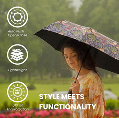 UM-AUTO-STBL | Strawberry Thief Blue William Morris Design Automatic Folding Umbrella