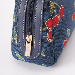 BEAUTY-CHERRY-BLUE | Toiletry Bag with Cherry Design in Blue Backdrop