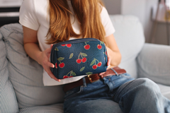 BEAUTY-CHERRY-BLUE | Toiletry Bag with Cherry Design in Blue Backdrop