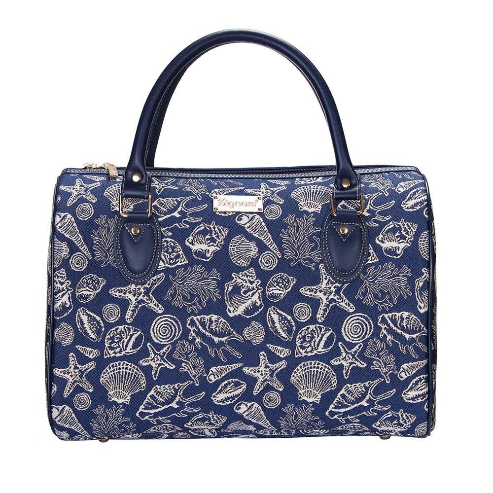 Handbag Tapestry Blue Leather Designer, Blue shell bag COACH